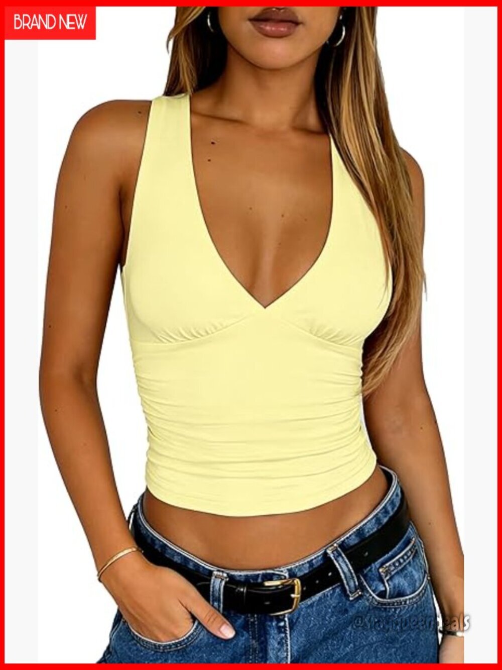 Double Lined Ruched Crop Tank Top Slim Fit V-Neck Summer Y2K